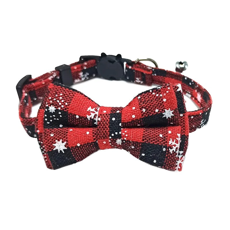 Variant image for Adjustable Cat Collar – Cute Plaid Design, Bow Tie & Bell, Christmas Red, Elastic Fit-10