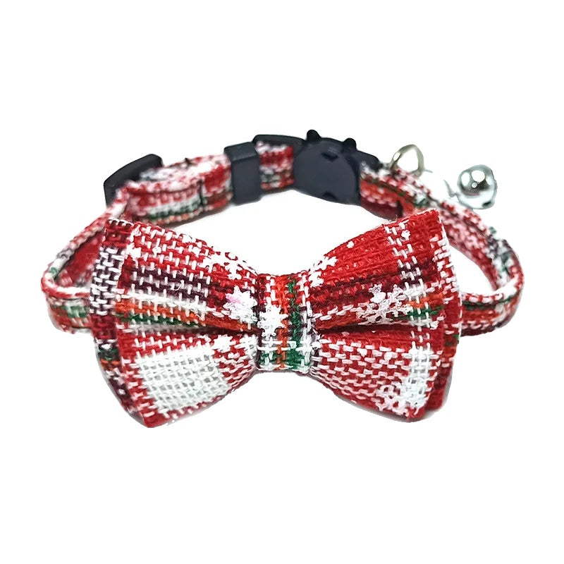 Variant image for Adjustable Cat Collar – Cute Plaid Design, Bow Tie & Bell, Christmas Red, Elastic Fit-4