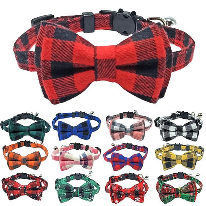Adjustable Cat Collar – Cute Plaid Design, Bow Tie & Bell, Christmas Red, Elastic Fit-1