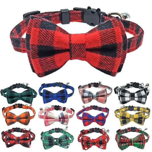 Adjustable Cat Collar – Cute Plaid Design, Bow Tie & Bell, Christmas Red, Elastic Fit-1