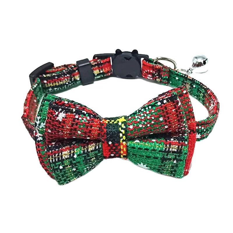 Variant image for Adjustable Cat Collar – Cute Plaid Design, Bow Tie & Bell, Christmas Red, Elastic Fit-3