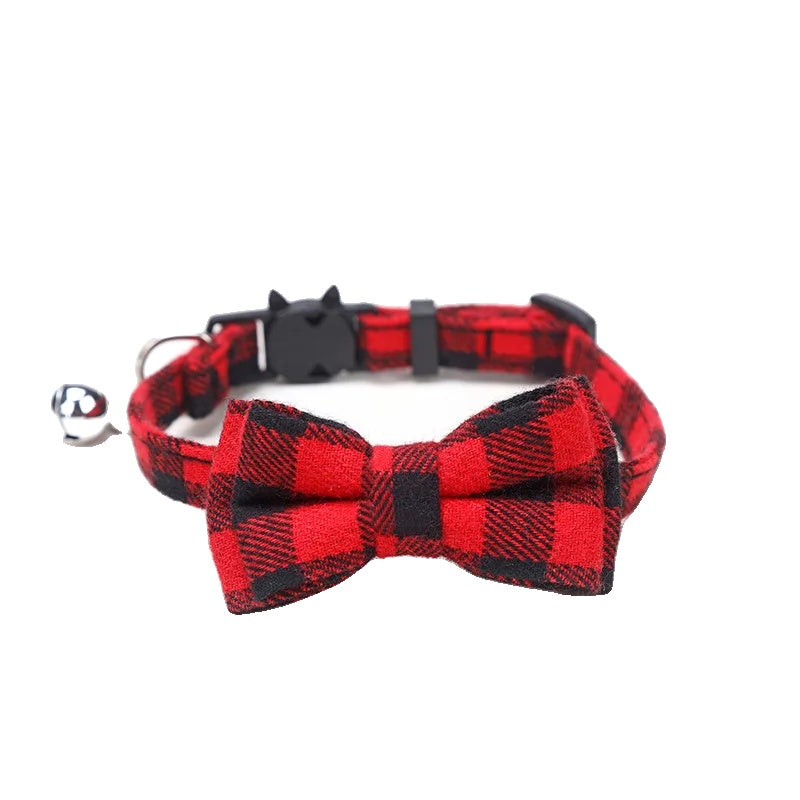 Variant image for Adjustable Cat Collar – Cute Plaid Design, Bow Tie & Bell, Christmas Red, Elastic Fit-11