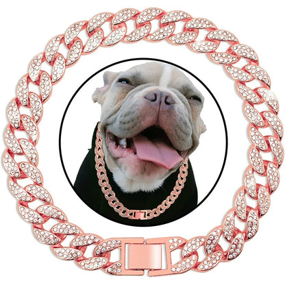 Cuban Collar for Dogs and Cats – Pink Diamond Design, Flexible Metal Chain, Adjustable Length-1