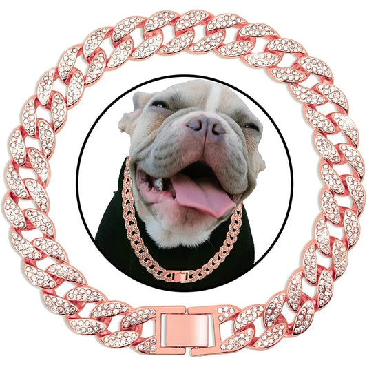 Cuban Collar for Dogs and Cats – Pink Diamond Design, Flexible Metal Chain, Adjustable Length-1