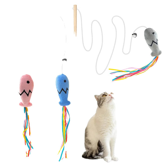 Interactive Cat Toy for Indoor Cats – Natural Wooden Handle, Colorful Ribbons, Elastic String-2