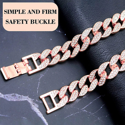 Cuban Collar for Dogs and Cats – Pink Diamond Design, Flexible Metal Chain, Adjustable Length-2