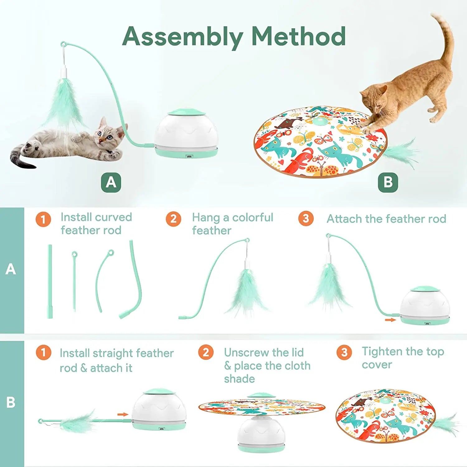 Interactive Cat Toy for Indoor Cats – Motorized Wand, 4 Adjustable Modes, 3 Feathers-3