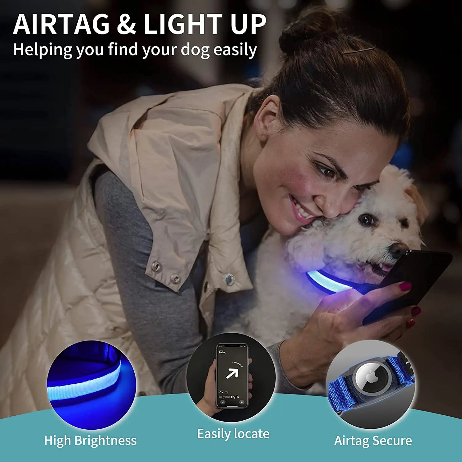 LED Dog Collar for Apple AirTag – Waterproof, USB Rechargeable, Luminous Design-3