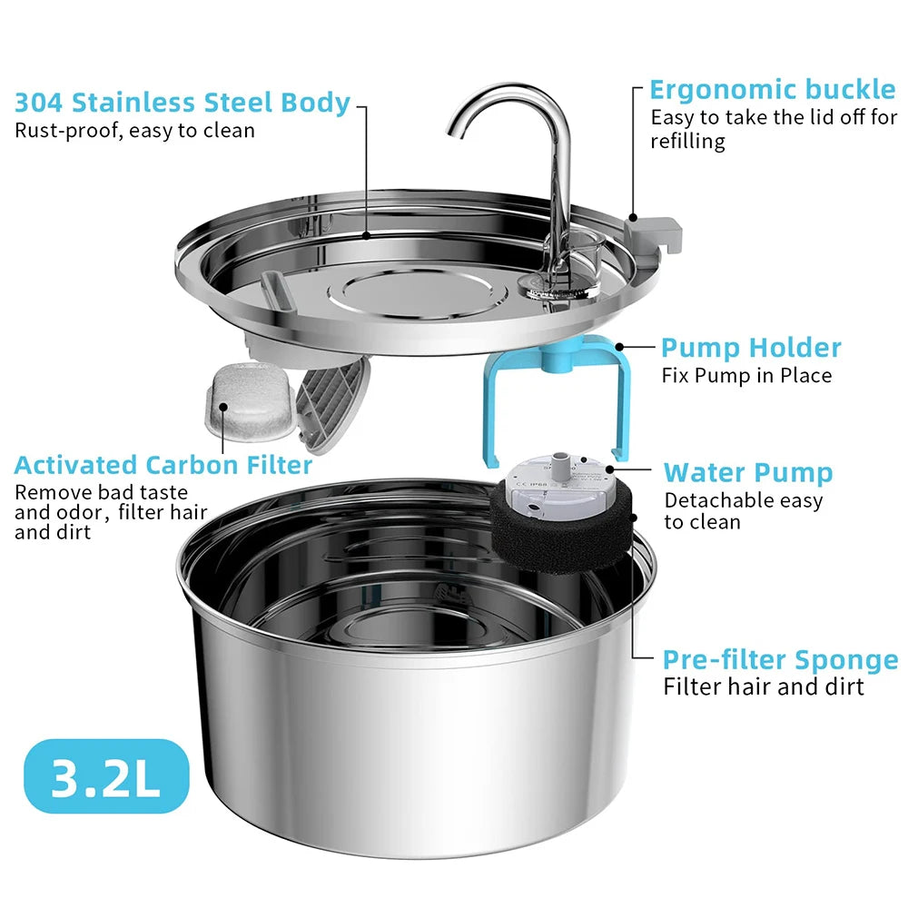 Automatic Stainless Steel Pet Water Fountain with Double Filtration System – 3L Capacity for Cats and Dogs, Quiet Operation, BPA-Free-6