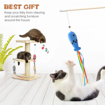 Interactive Cat Toy for Indoor Cats – Natural Wooden Handle, Colorful Ribbons, Elastic String-5
