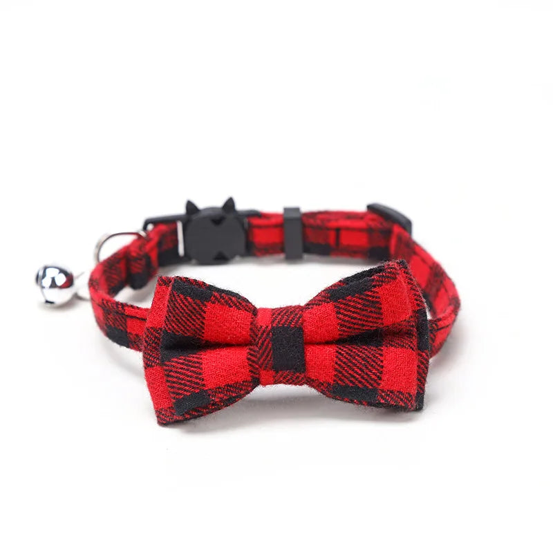 Adjustable Cat Collar – Cute Plaid Design, Bow Tie & Bell, Christmas Red, Elastic Fit-4