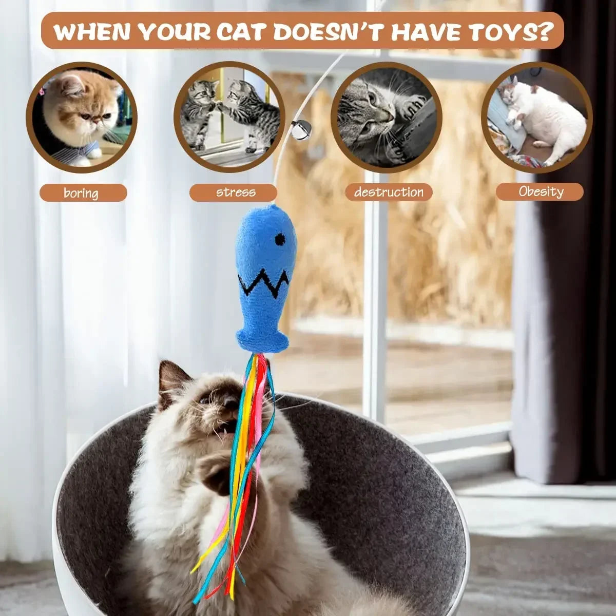 Interactive Cat Toy for Indoor Cats – Natural Wooden Handle, Colorful Ribbons, Elastic String-3