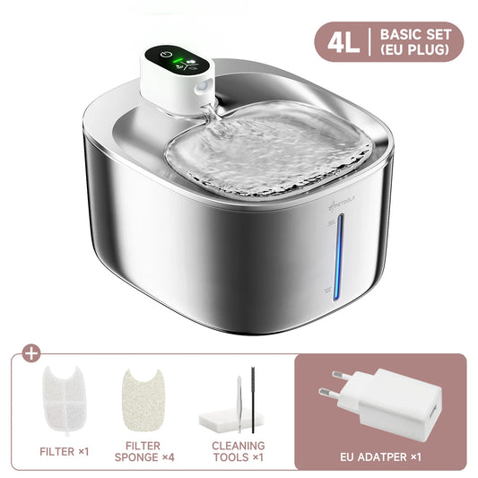 Wireless 4L Cat and Dog Water Fountain - Stainless Steel Pet Drinking Fountain with Auto Sensor and Whisker-Friendly Tray-1