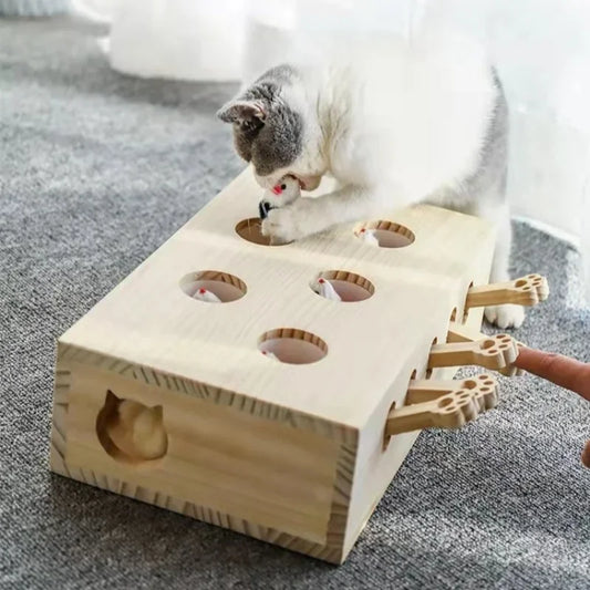 Interactive Cat Toy – Wooden Puzzle Maze, 5 Mouse Holes, Durable Design-2