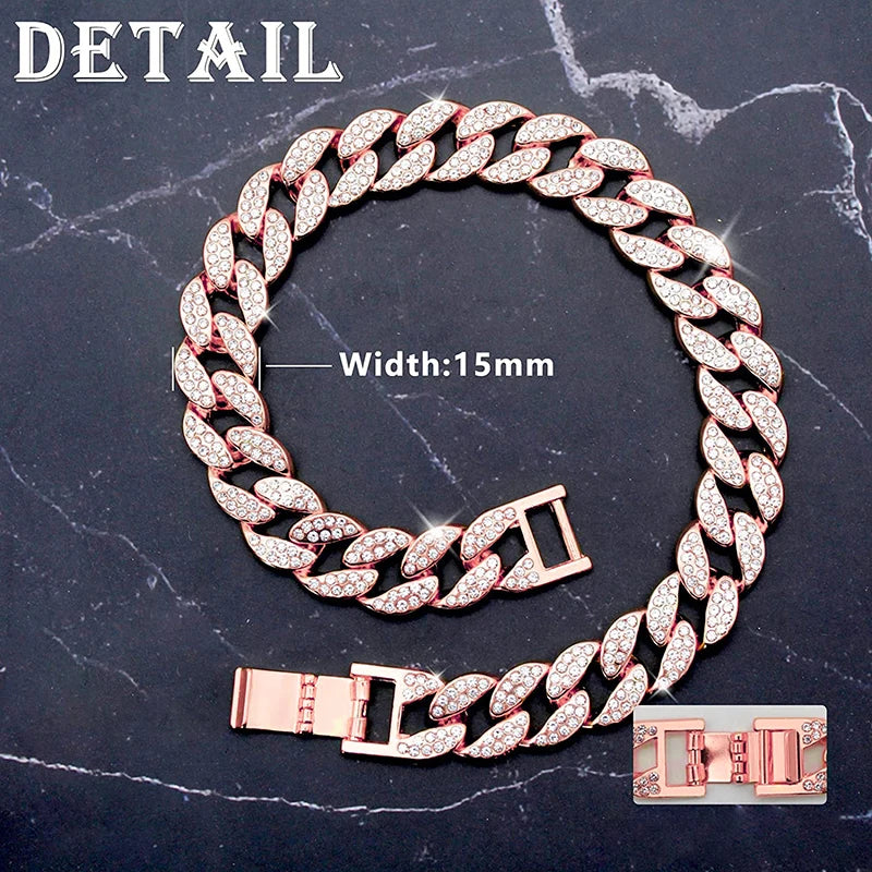 Cuban Collar for Dogs and Cats – Pink Diamond Design, Flexible Metal Chain, Adjustable Length-3