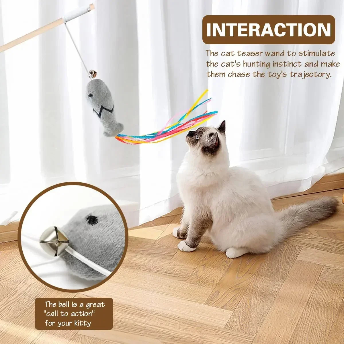 Interactive Cat Toy for Indoor Cats – Natural Wooden Handle, Colorful Ribbons, Elastic String-4