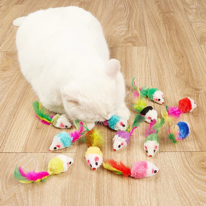 Cat Toy for Kittens – Rabbit Fur Mouse, Colorful Feather Design, Engages Natural Hunting Instincts-4