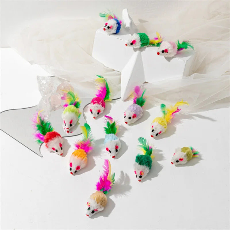 Cat Toy for Kittens – Rabbit Fur Mouse, Colorful Feather Design, Engages Natural Hunting Instincts-3
