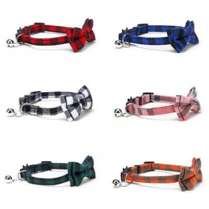 Adjustable Cat Collar – Cute Plaid Design, Bow Tie & Bell, Christmas Red, Elastic Fit-2