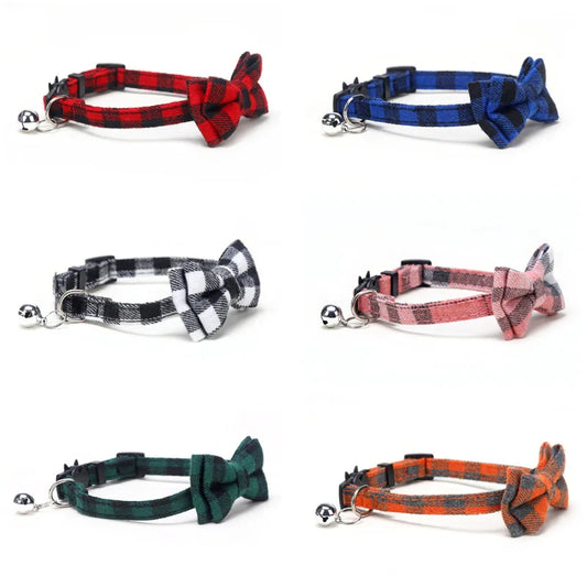 Adjustable Cat Collar – Cute Plaid Design, Bow Tie & Bell, Christmas Red, Elastic Fit-2