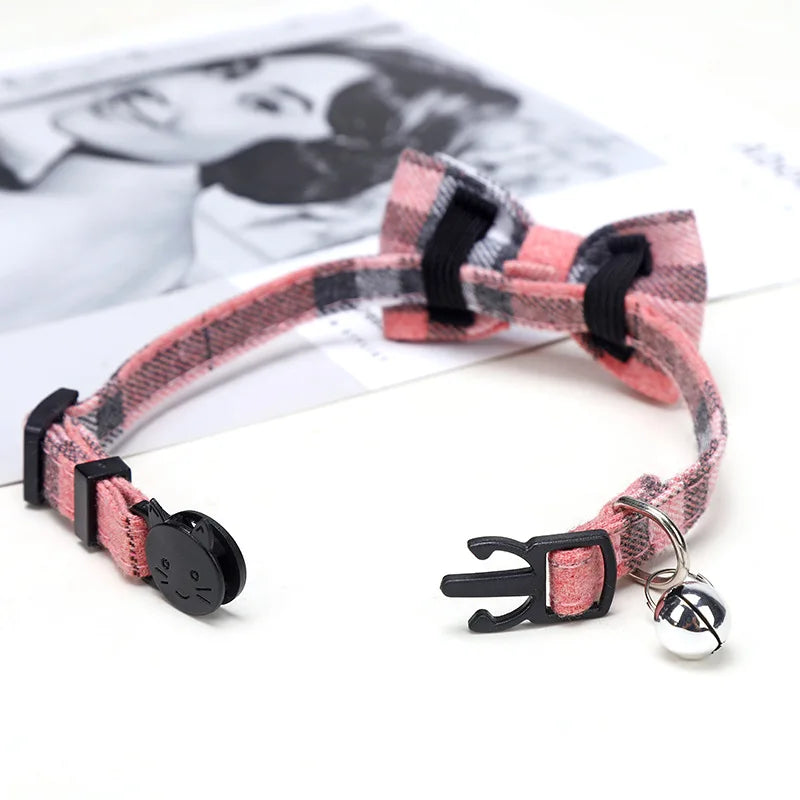 Adjustable Cat Collar – Cute Plaid Design, Bow Tie & Bell, Christmas Red, Elastic Fit-3